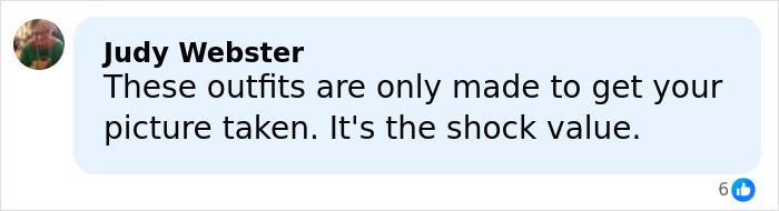 Facebook comment by Judy Webster criticizing outfits for shock value in fashion trends over the years at Grammys.