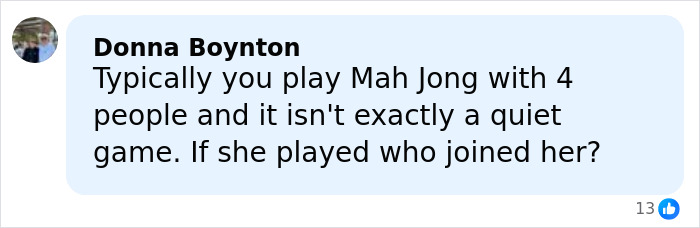 Commenter Donna Boynton discusses the typical number of players in Mah Jong and questions who joined the game.