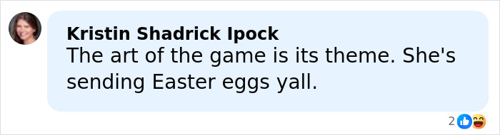 Kristin Shadrick Ipock commenting on the theme of the game, mentioning Easter eggs and playful message delivery.