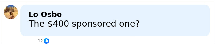 Comment on social media from Lo Osbo questioning a $400 sponsored item, sparking discussion online about world class privilege.