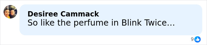 Screenshot of a social media comment mentioning perfume in Blink Twice related to Epstein emails and plants he grew. Screenshot of a social media comment mentioning perfume in Blink Twice related to Epstein emails and plants he grew.