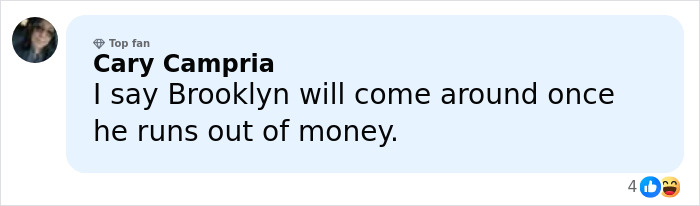 Comment from Cary Campria discussing Brooklyn Beckham, related to Marc Anthony and wedding accusations online.