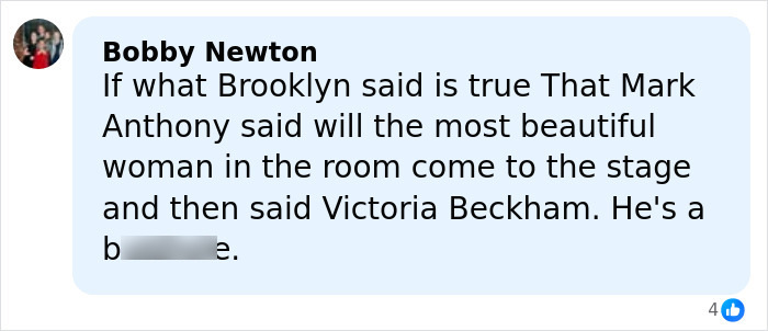 Screenshot of social media comment discussing Marc Anthony and Brooklyn Beckham amid wedding accusations controversy.