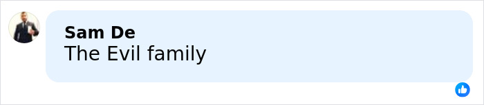 Comment by Sam De saying The Evil family, displayed on a light blue background from a social media platform.