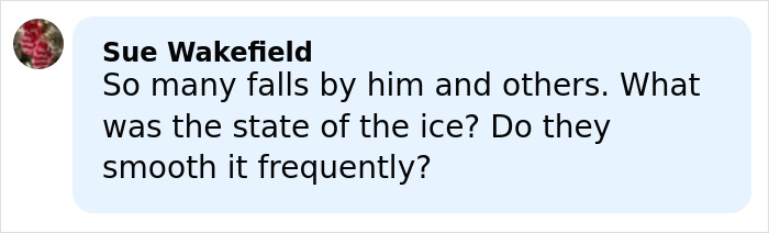 Social media comment questioning the ice condition following Ilia Malinin’s hot-mic reaction after Olympic performance.