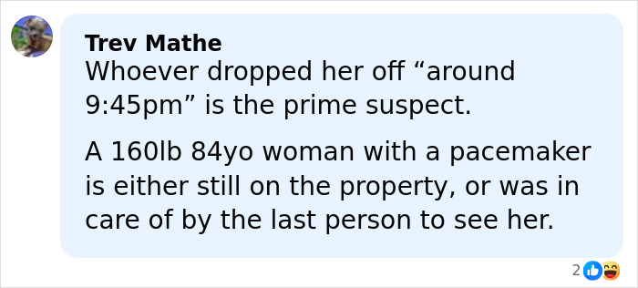 Comment by Trev Mathe discussing a prime suspect in the search for Savannah Guthrie's mom case.