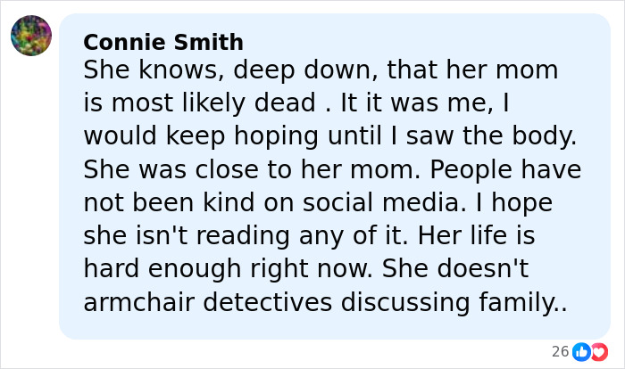 Comment expressing concern about Savannah Guthrie's mom amid chilling searches and social media reactions.