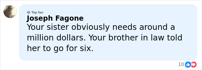 Comment by Joseph Fagone, highlighted as Top Fan, discussing financial needs and family advice in a social media post.