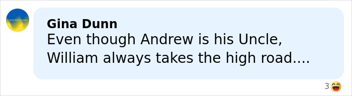 Comment by Gina Dunn expressing that William always takes the high road amid royal scrutiny discussion.