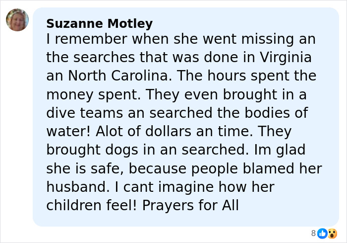 Comment from Suzanne Motley recalling the extensive searches for a mom of three who vanished 24 years ago.