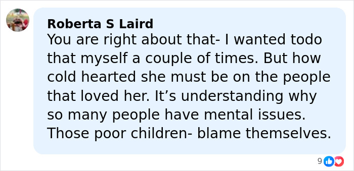 Screenshot of a social media comment discussing the mom of three who abandoned family and vanished 24 years ago.
