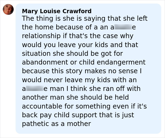 Screenshot of a social media comment discussing a mom of three who abandoned her family and vanished 24 years ago.