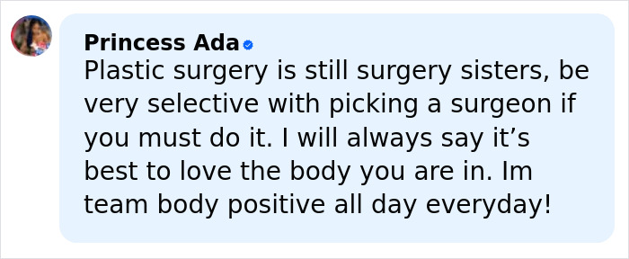 Influencer shares body positive message warning about risks of major plastic surgery and choosing surgeons carefully.