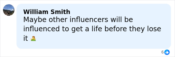 Comment from William Smith reacting to a glamorous influencer passing away at 27 after plastic surgery complications.