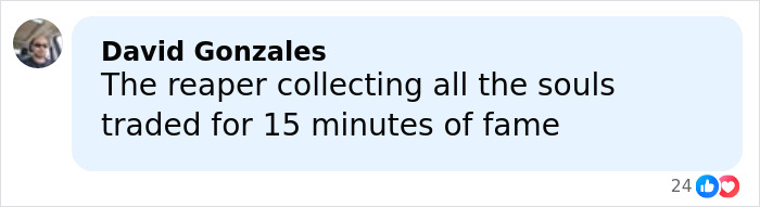 Comment from David Gonzales mentioning the reaper collecting souls related to glamour influencer passing after plastic surgery complications.