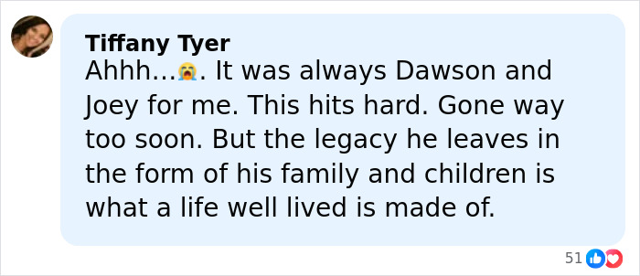 Comment expressing grief and tribute related to Katie Holmes honoring late costar James Van Der Beek with a handwritten letter.
