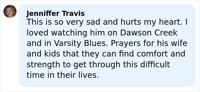Comment expressing sadness and prayers for the family of James Van Der Beek, honored by Katie Holmes in a letter.