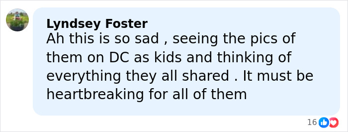 Comment by Lyndsey Foster expressing sadness over childhood photos and shared memories of James Van Der Beek and Katie Holmes.