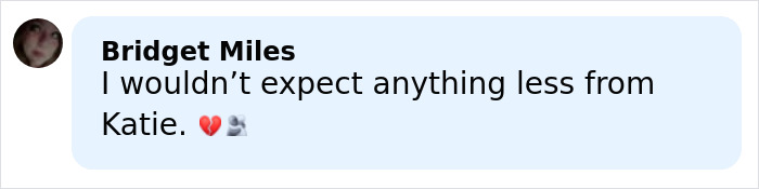 Comment from Bridget Miles expressing emotional support for Katie Holmes honoring James Van Der Beek with a heartfelt message.