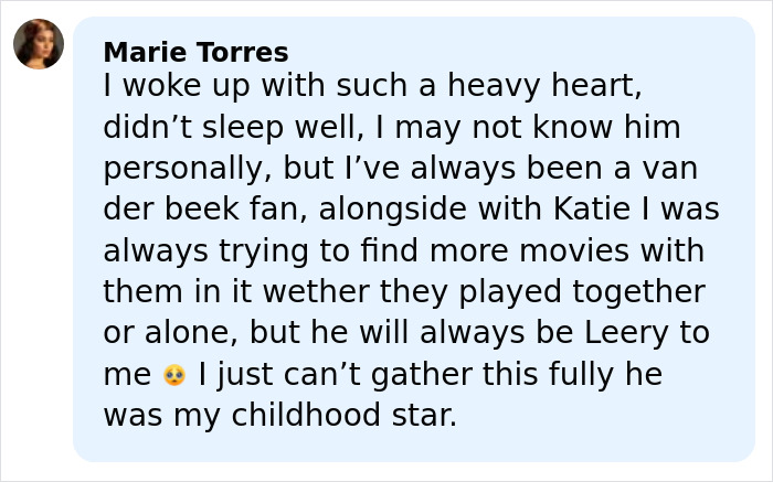 Alt text: Fan message expressing grief over James Van Der Beek and mentioning Katie Holmes in a heartfelt tribute.