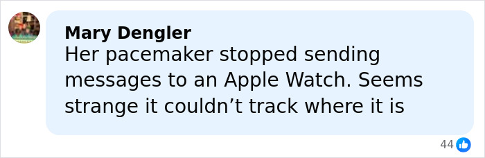 Screenshot of a social media comment discussing a pacemaker's failure to send messages to an Apple Watch and track a missing mom.