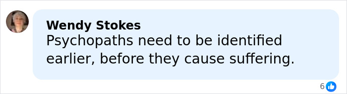 Comment from Wendy Stokes about identifying psychopaths early to prevent suffering, related to fireworks sheep incident karma.