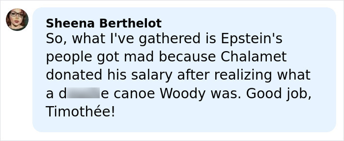 Social media comment discussing Epstein files and a shocking claim involving Timoth&eacute;e Chalamet and a publicist.