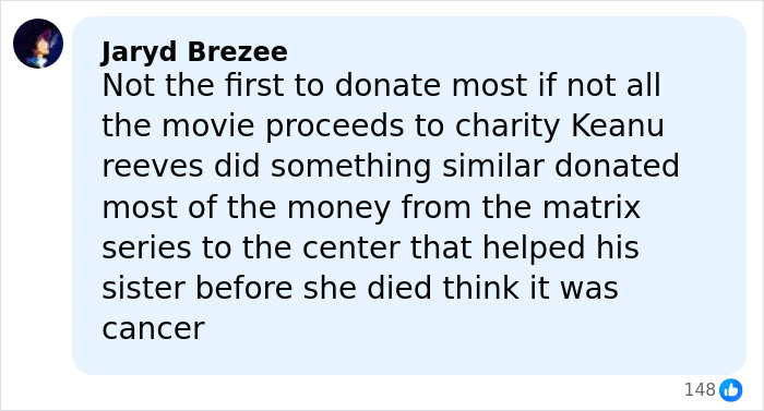 Comment discussing movie proceeds donations, with mention of charity and actor Timoth&eacute;e Chalamet in Epstein files context.