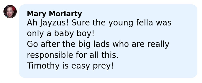 Comment by Mary Moriarty criticizing claims about Timoth&eacute;e Chalamet in Epstein files, calling him easy prey.