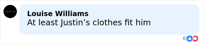Comment on social media about Justin Baldoni's clothes fitting, highlighting awkward fashion faux pas in court showdown context.