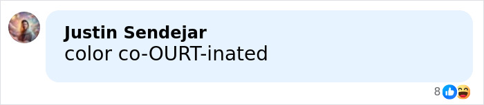 Chat message from Justin Sendejar making a pun with the word court, relating to a hilariously awkward fashion faux pas.