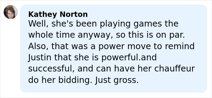 Comment highlighting outrage over world class privilege evident in Blake Lively's bizarre court delivery and chauffeur use.