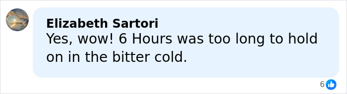 Comment from Elizabeth Sartori expressing how six hours was too long to endure in bitter cold while hiking New York's highest peak.