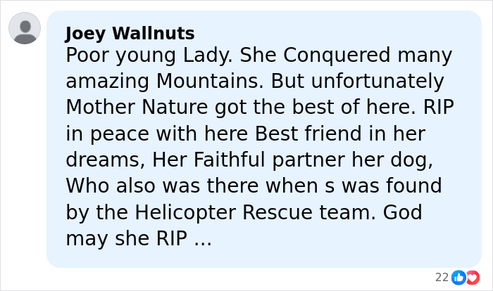 Comment expressing sympathy for young woman who lost her life hiking New York’s highest peak with her faithful dog.