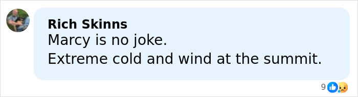 Comment mentioning the extreme cold and wind at the summit of New York's highest peak during a hiking trip.