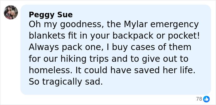 Comment discussing Mylar emergency blankets for hiking and their potential to save a young woman’s life hiking New York’s highest peak.