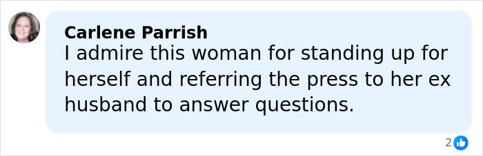 Comment by Carlene Parrish praising a woman for standing up and referring press to her ex-husband amid Epstein files allegations.