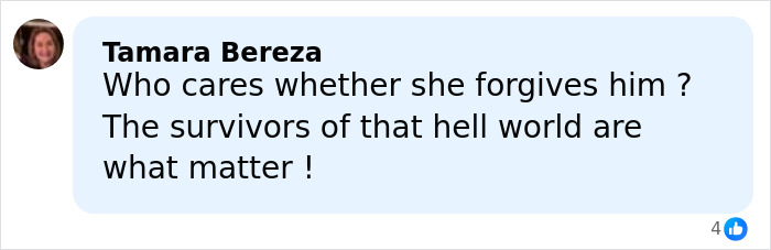 Comment by Tamara Bereza questioning forgiveness and emphasizing the importance of survivors related to Epstein files and allegations.