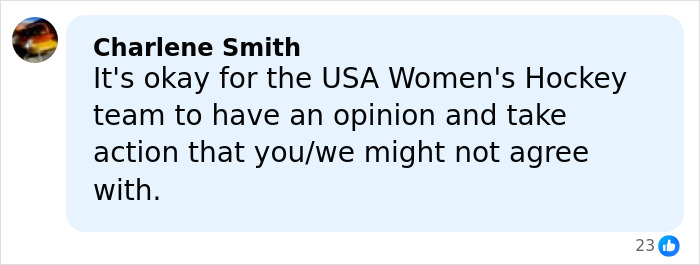 Comment by Charlene Smith supporting USA Women's Hockey team expressing views on Trump's remark in an online discussion.