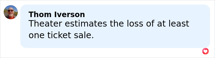 Comment from Thom Iverson estimating the theater's loss of at least one ticket sale after the documentary was pulled.