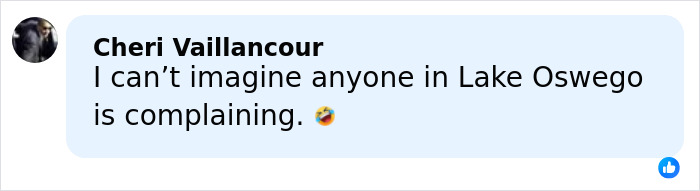 Comment by Cheri Vaillancour expressing humor about complaints in Lake Oswego, related to theater's hilarious clap back and Amazon pulling documentary.