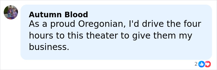 Social media comment praising a theater and expressing support after a controversial documentary was pulled by Amazon.