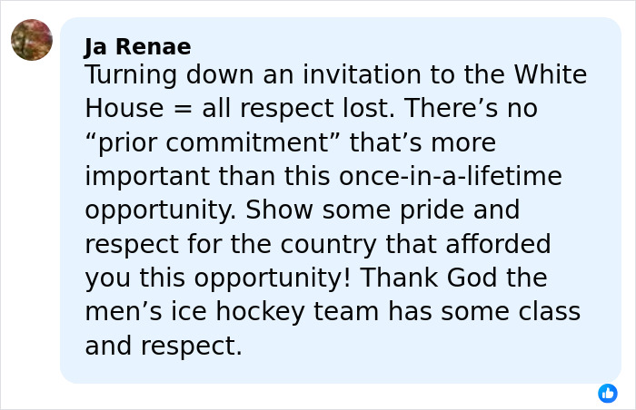 Comment on Team USA women&rsquo;s hockey stars refusing White House invite after controversial political remarks.