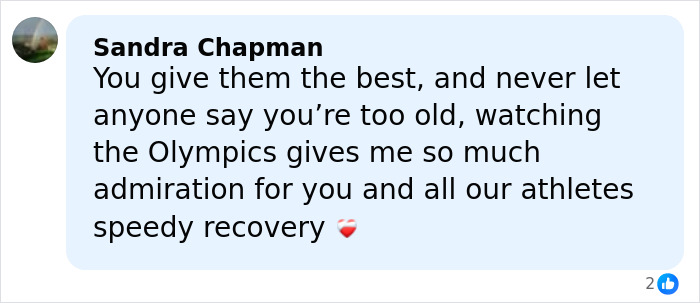 Screenshot of a supportive social media comment mentioning the Olympics and wishing Lindsey Vonn a speedy recovery.