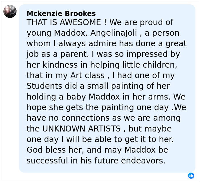 Comment praising Angelina Jolie's parenting and expressing hope for a connection about Brad Pitt's kids relationship.