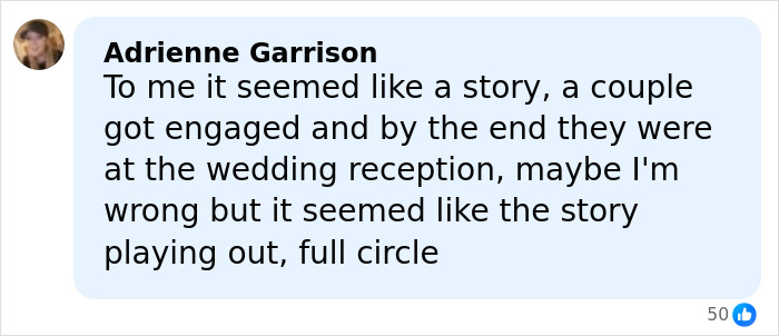 Facebook comment by Adrienne Garrison discussing viewers’ reactions to Bad Bunny’s halftime show wedding story.