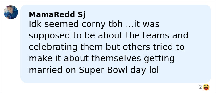 Screenshot of a social media comment discussing viewers’ reactions to Bad Bunny’s halftime show wedding during the Super Bowl.