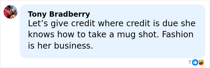 Comment by Tony Bradberry praising boutique owner&rsquo;s ability to take a mugshot, highlighting fashion as her business.