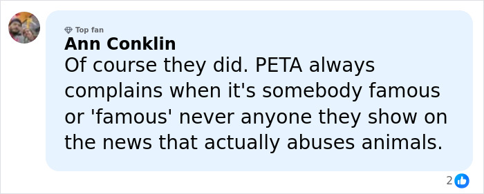 Commenter Ann Conklin criticizes PETA for only targeting famous people and ignoring real animal a***e cases.