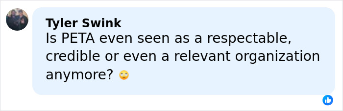 Comment questioning the credibility of PETA with an eye-rolling emoji in a social media post.
